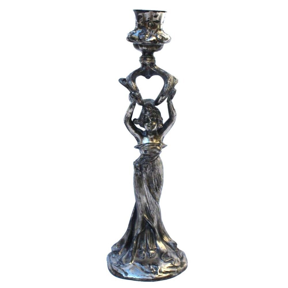 Antique Cast Metal / Spelter Art Nouveau Woman Candlestick Standing Candleholder - Picture 1 of 5